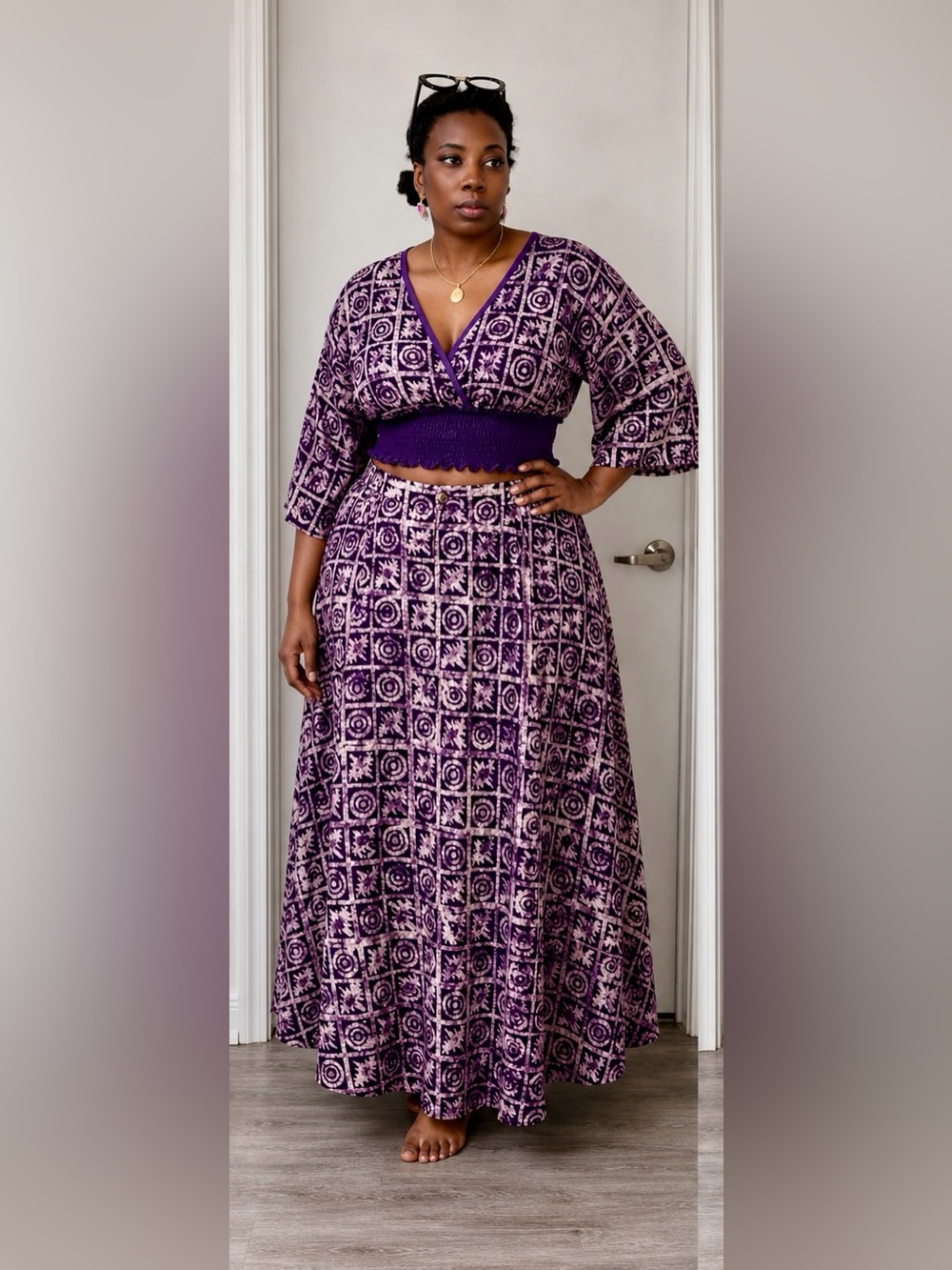 Purple Printed Maxi Skirt — Cropped Wrap Top Set